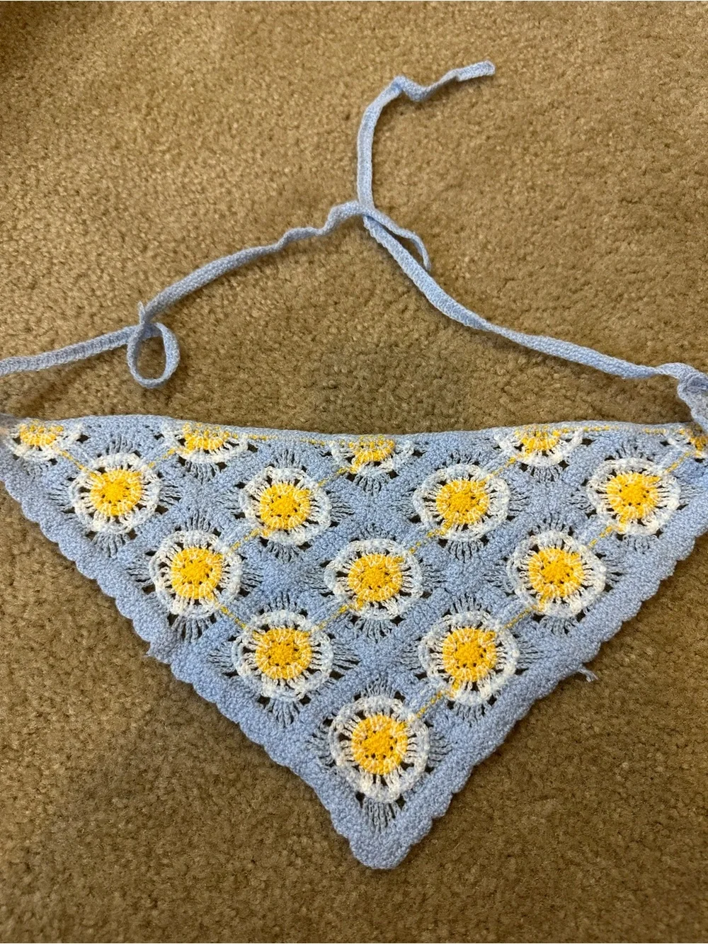 Hand Crocheted Blue Daisy Head Wrap Boho Bandana Cottagecore